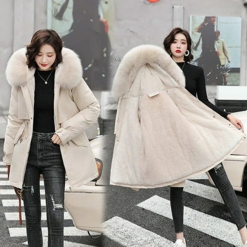 Chaqueta de invierno Mujer Parka Abrigo largo Forro de lana con capucha