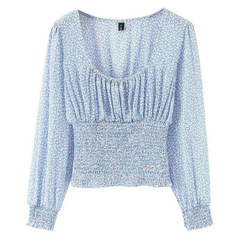 Retro Pleated Blue Floral Print Long sleeve Cropped Shirt