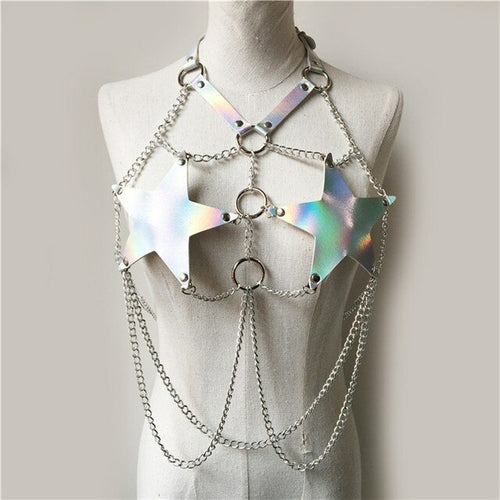 Holographic Women Two Piece Set Sexy Multilay Star Tops Hollow