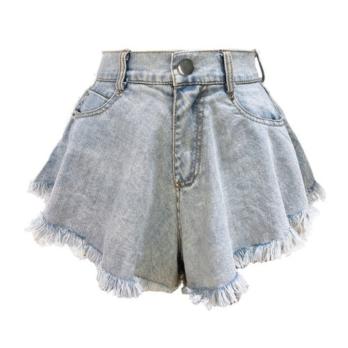 Women Denim Shorts With Holes And High Waist Loose Tassel
