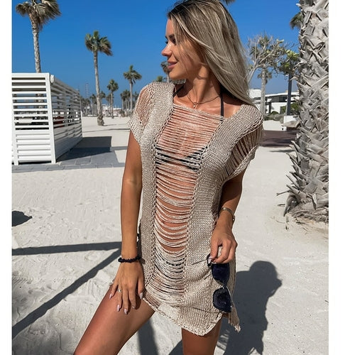 Gehäkeltes Cover-Up-Strand-Sexy-durchsichtiges, ausgehöhltes Kleid für Damen