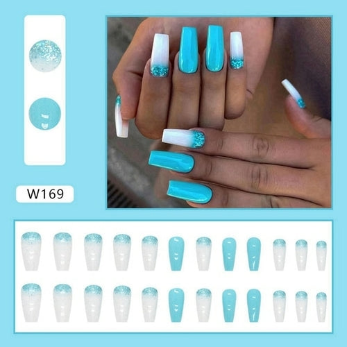 24Pcs Blue Smudged Medium And Long Gold Foil Shard Fake Nails Wearable