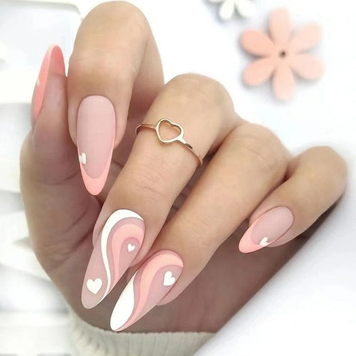 24pcs Pink Almond False Nails Shiny Golden Ripples Stiletto Fake Nails