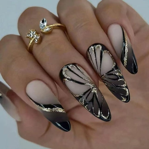 24pcs Long Almond False Nails French Black Butterfly Press on Nails