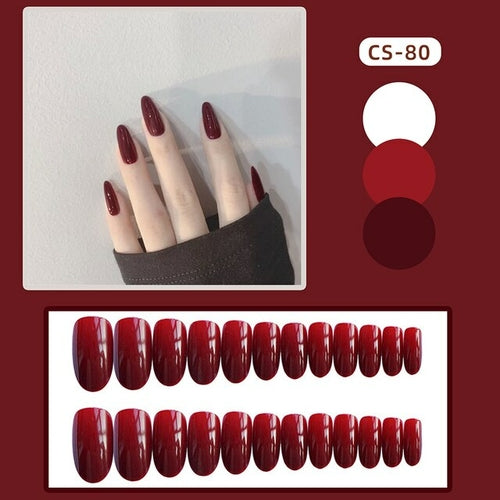 24pcs/set Fake Nails With Glue Long Square Coffin Wearable Wine Red