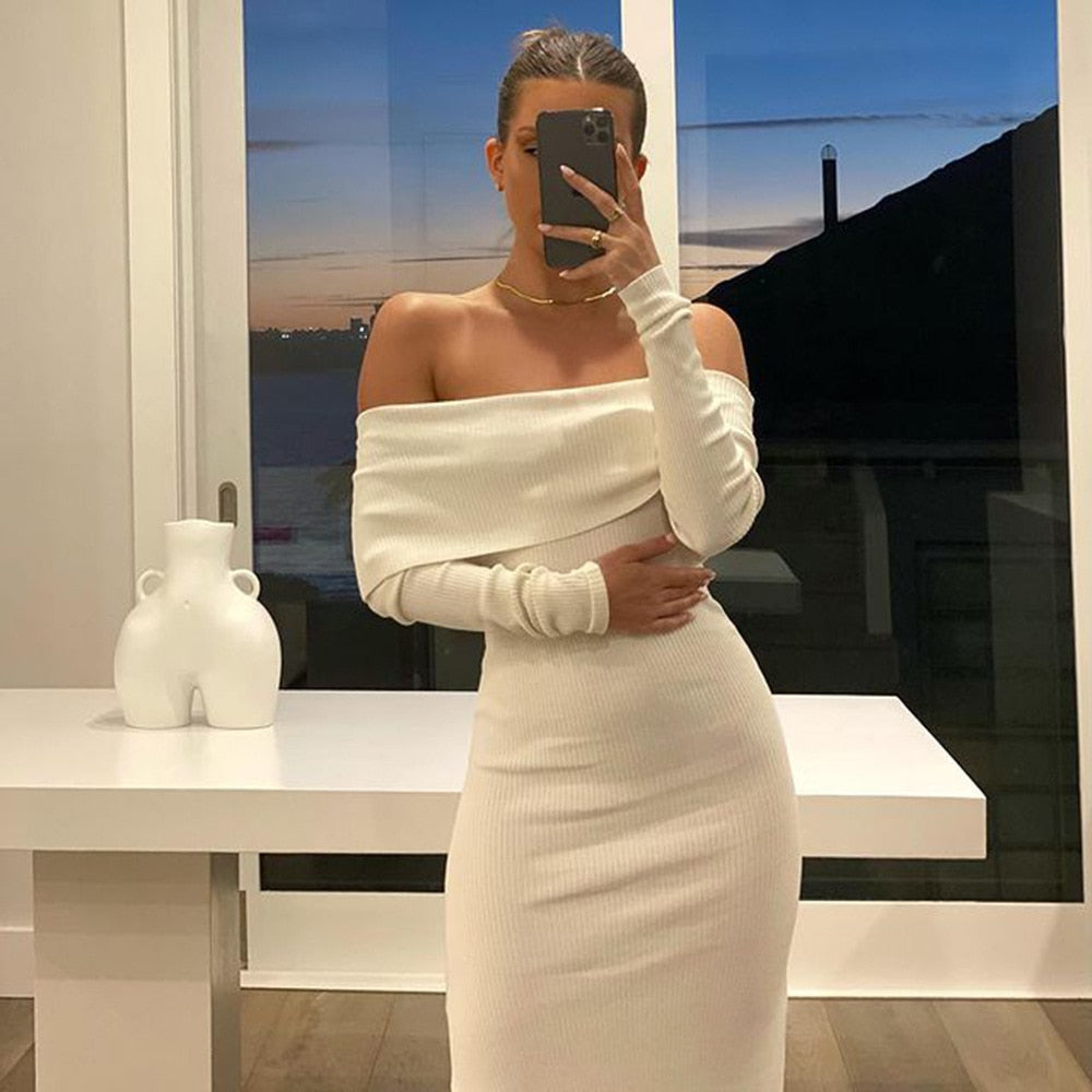 Elegant White Knitted Off Shoulder Maxi Dress Outfits For Women Autumn Backless Long Sleeve Solid Dresses Vestidos 0719