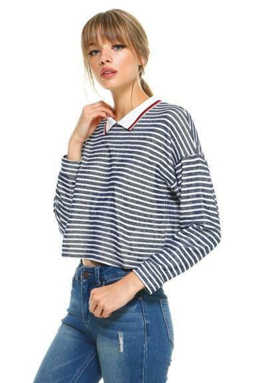 Cropped Long Sleeve Blue and White Stripe Polo Top