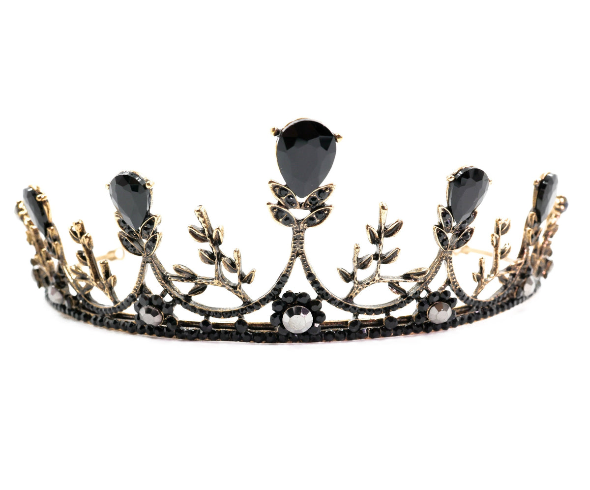 Corona de tiara de flor de medianoche en oro con gemas negras
