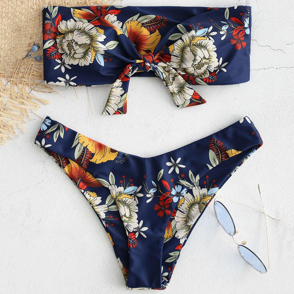 Frauen-Bandeau-Bikini-Set mit Blumenmuster