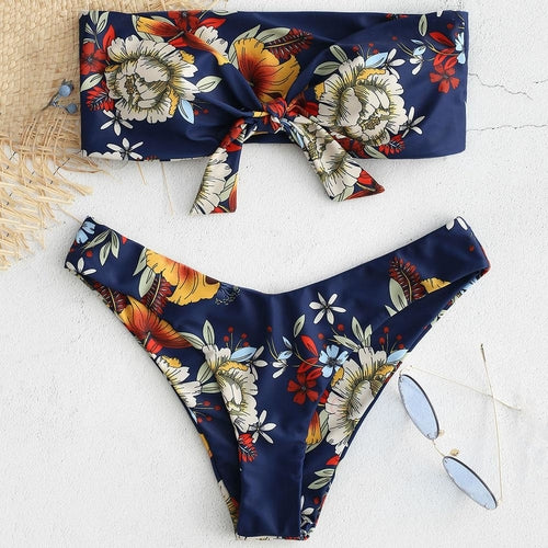 Conjunto de bikini bandeau floral para mujer