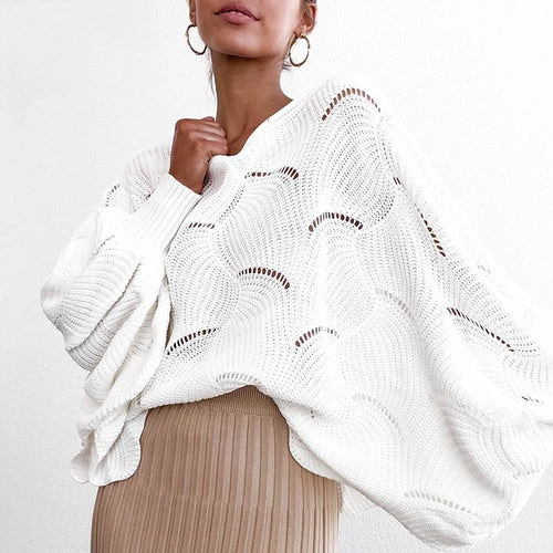 White Ballon Sleeve Hollow Out Sweater