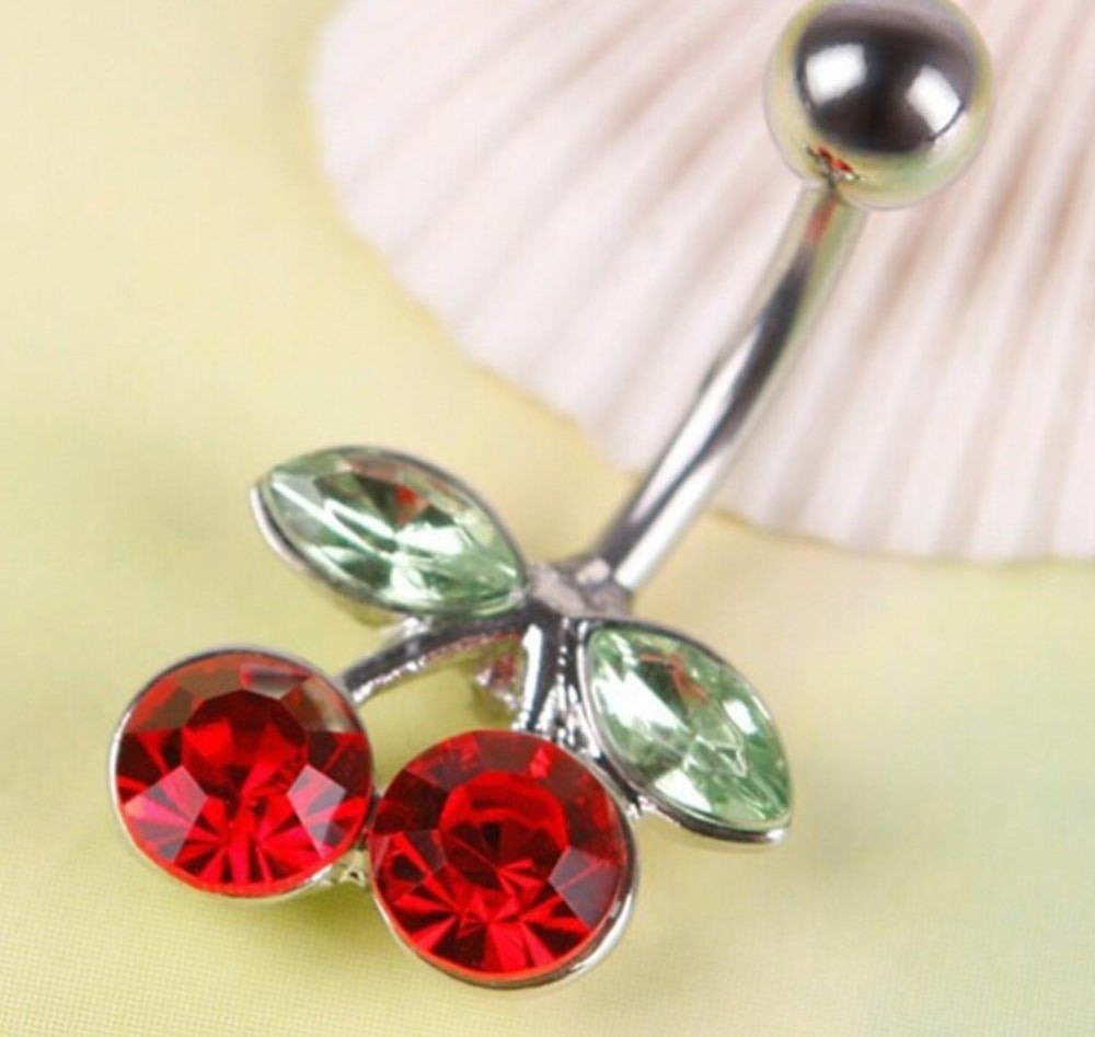 1Pc Stainless Steel Rhinestone Red Cherry Navel Belly Button Barbell Ring Body Piercing