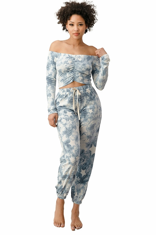 French Terry Tie Dyed Star Printed Off The Shoulder And Jogger Pants