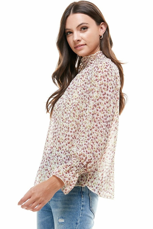 Ditsy Floral Smock Neck and Smock Cuffs Blouse