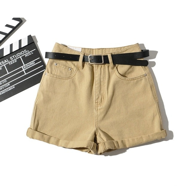 Women Vintage Summer Denim Shorts with Belt Zipper Pockets Female Retro Casual Shorts Pantalones