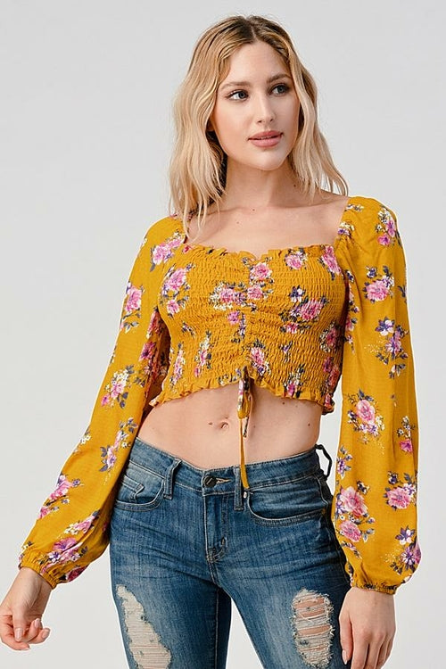 Crop Top Smock Ruched Top In Ditsy Jacquard