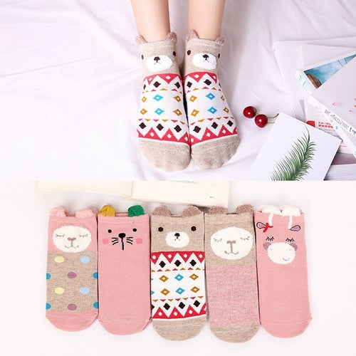 5pairs Women Cotton Socks Pink Cute Cat Ankle Socks Short
