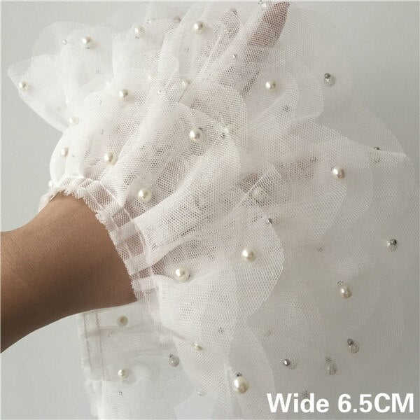 6.5cm Wide Luxury Tulle White 3d Lace Bridal Applique Glitter Beads