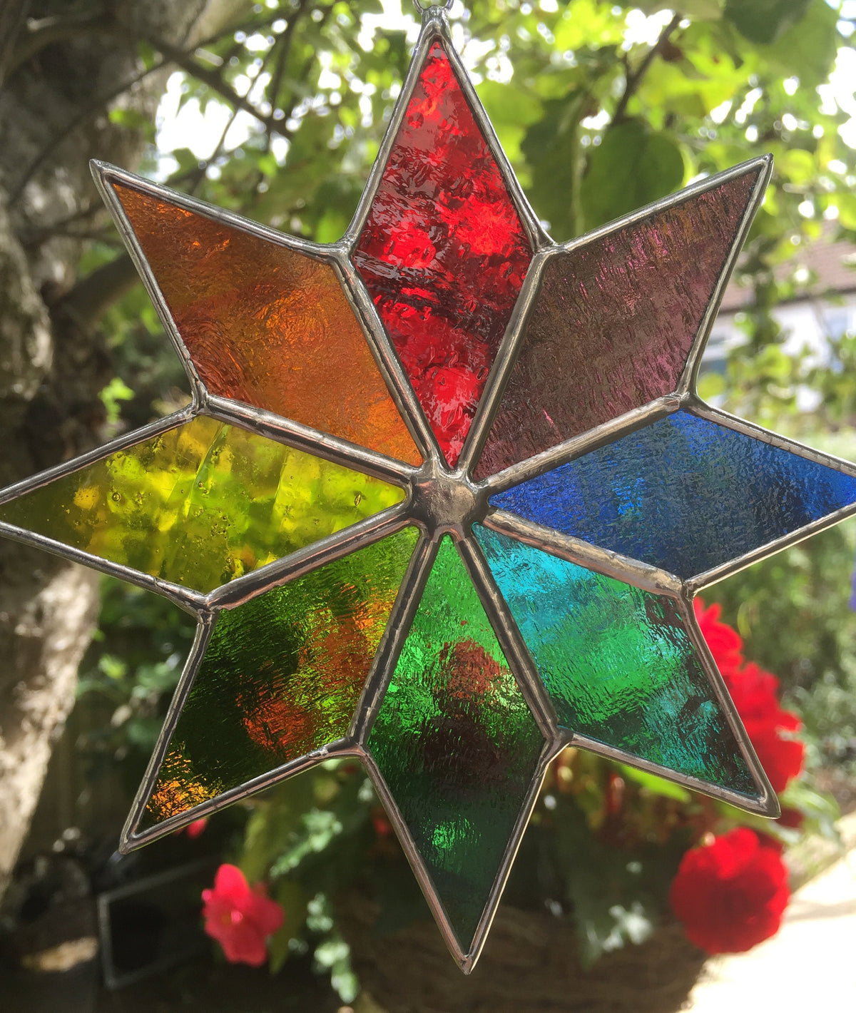 Stained Glass Suncatcher, Rainbow Star, Multi Colour Garden Art, Outdoor Decoration, Hanging Wall Décor Panel, Birthday Gifts, For Christmas