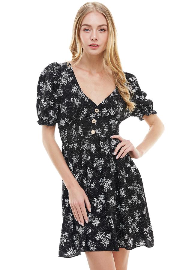 Ditsy Floral Button Detail With Smock Waist Dress