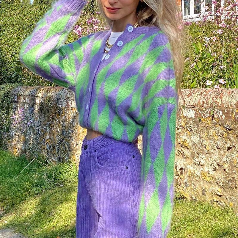 Vintage Green Purple Plaid Knitted Cardigan