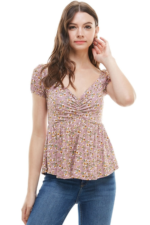 Ditsy Floral Rouched Front Puff Sleeve Babydoll Top