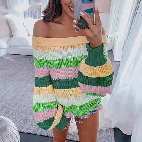 Suéter extragrande con hombros descubiertos y arcoíris de patchwork