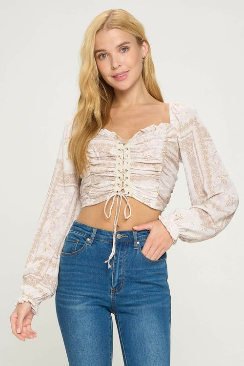 Lace Up Front Shirred Smock Back Blouse Top