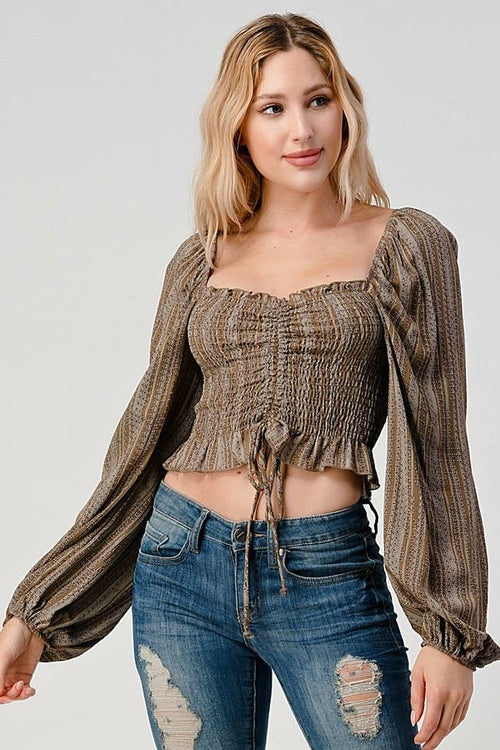 Smock Ruched Front Peasant Blouse Top With Ditsy