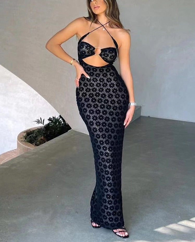 Dresses Women Maxi Dress Solid Color Hanging Neck Sexy Hollow Perspective Bag Hips Robe Female street