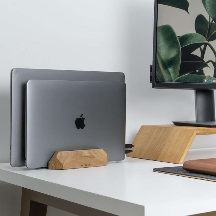 Dual Laptop Stand Wood, Vertical Laptop Stand for Desk, Adjustable Macbook Double Stand Dock, Desk Organizer, Gift for Him, Work from Home