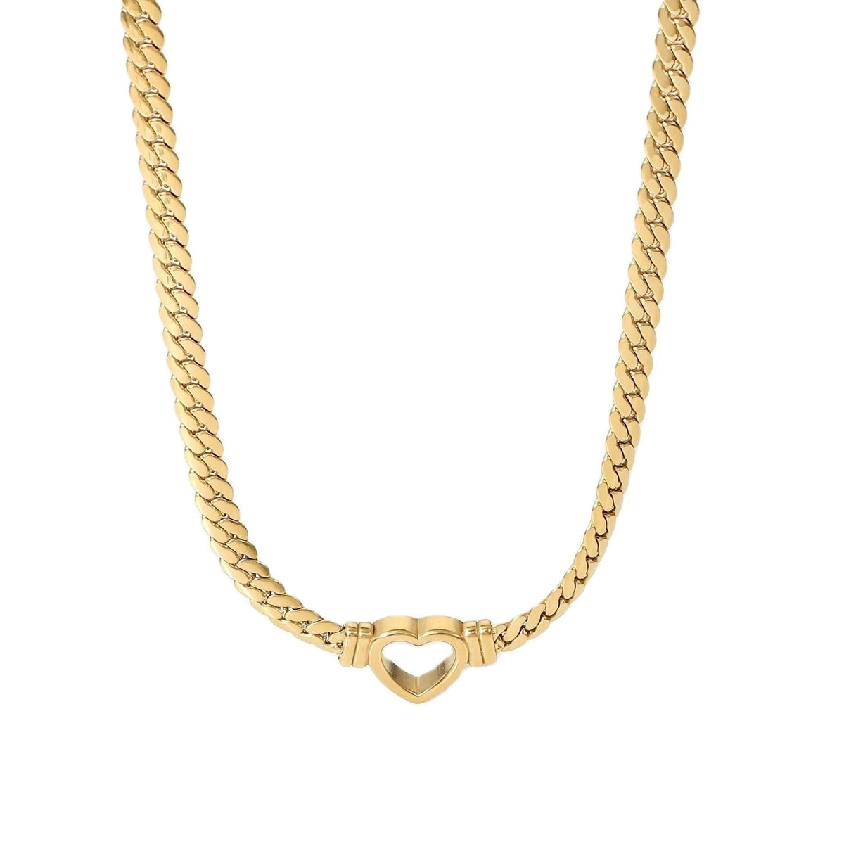 Casual Style 18K Real Gold Layered Stainless Steel Cuban Link Heart Chain For Women Waterproof Necklace Girlfriend Gift