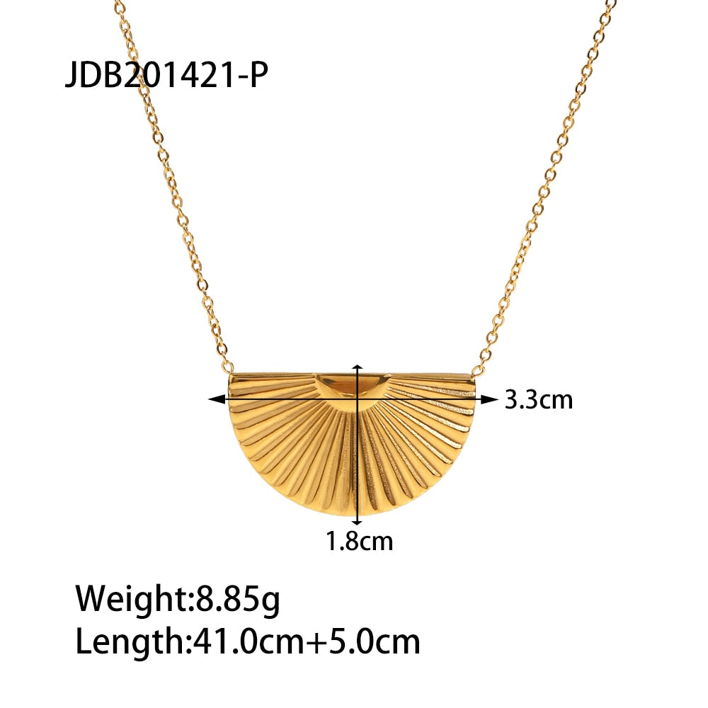 Vintage Jewelry Stainless Steel 18K PVD Gold Plated Sunburst Semi-Circle Fan Shape Pendant Necklace