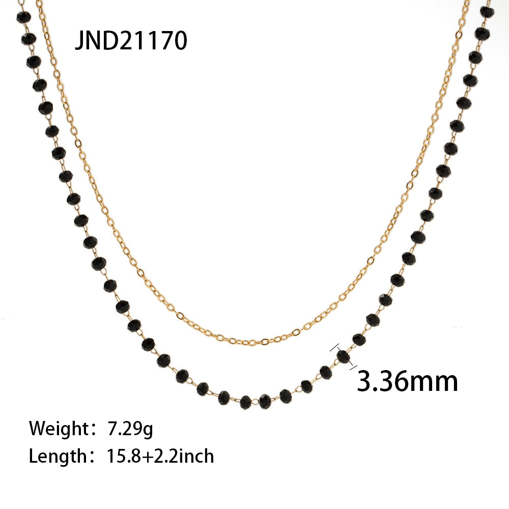 Mode Edelstahl Schwarz Perlen Glas Stein Doppelschicht Schwarz Perlen Kette Halskette Armband für Frauen Schmuck Geschenk