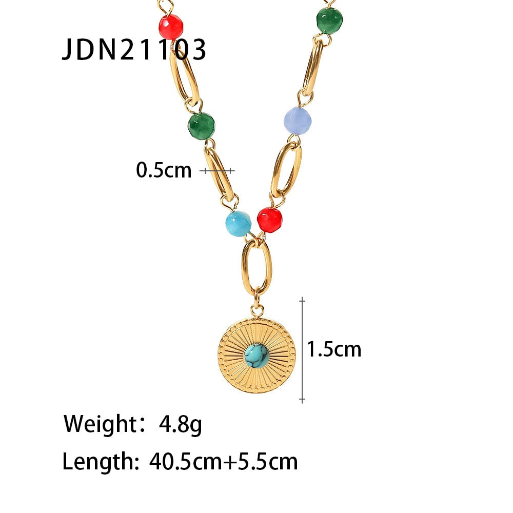 Natural Stone Turquoise Pendant Stainless Steel Metal Chain 18 K Women Necklace Bijoux Femme New