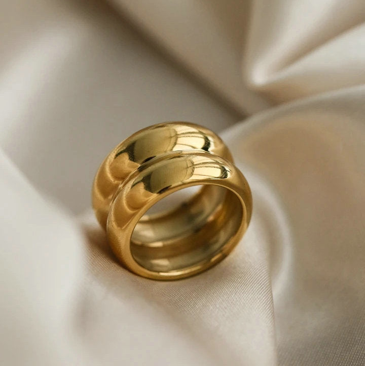 18K Gold PVD plattiert 316L Edelstahl Ringe Finger klobiger Hochzeits-Statement-Schmuck Muschel Süßwasserperle Zirkon Ring