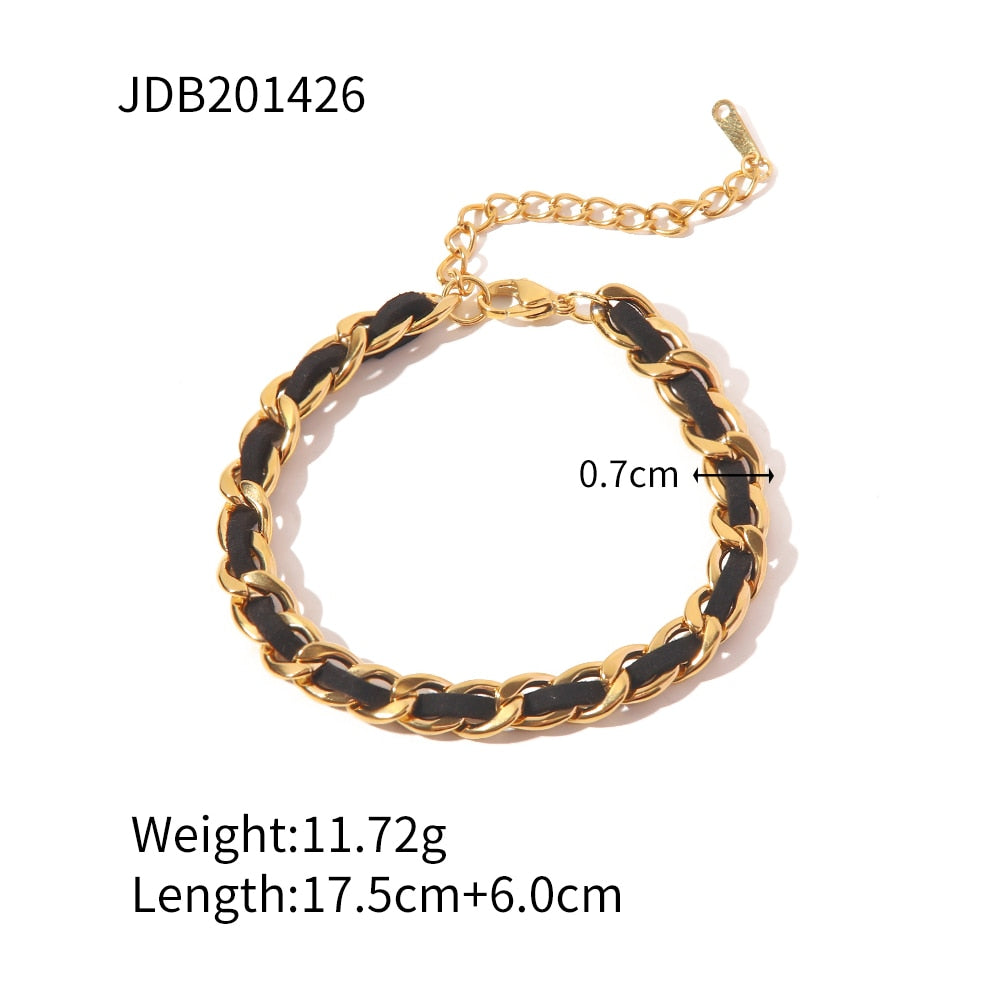 Trendy Stainless Steel Black Leather 18K Gold Plated Link Chain Bracelet Necklace for Women Collares Para Mujer