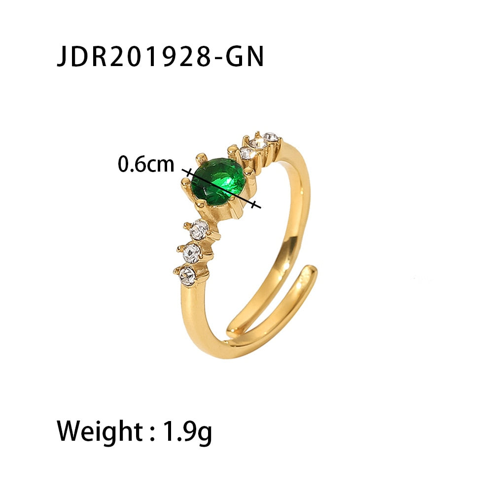 Dainty Jewelry 18K Gold Plated Round Green Cubic Zircon Finger Ring Stainless Steel Green CZ Zircon Cross Anillos Mujer