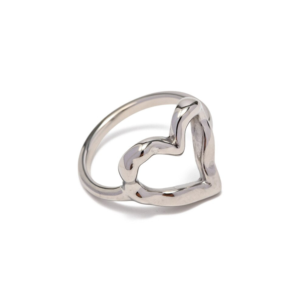 Stainless Steel Heart Ring Minimalist Metal Texture 18 K Finger Ring Waterproof Jewelry Girlfriend Gift Bijoux Femme
