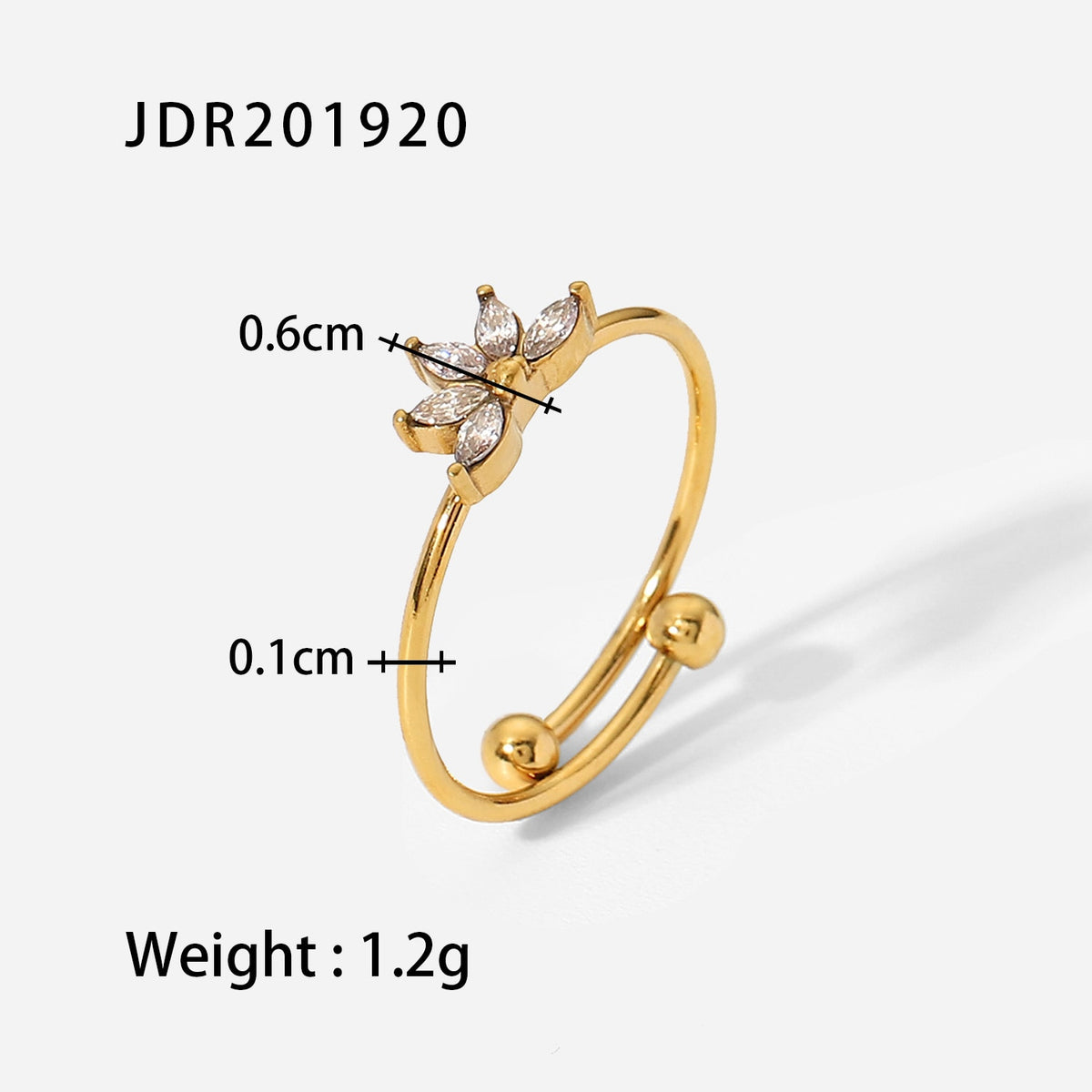 Waterproof 18K Gold Plated Flower Jewelry Gift Opening Adjustable CZ CubiC Zirconia Stainless Steel Rings for Women