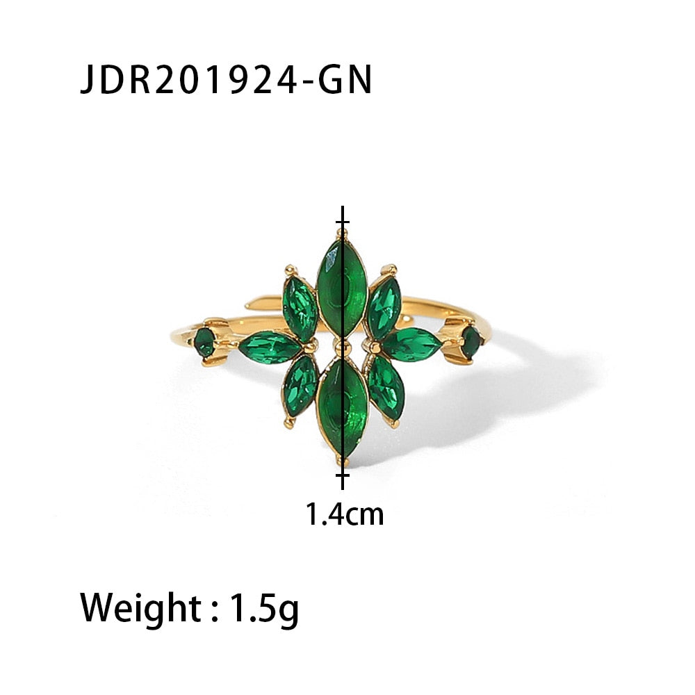 Dainty Jewelry 18K Gold Plated Thin Flower Zircon Finger Ring Stainless Steel Green CZ Zircon Anillos Ajustables Para Muj