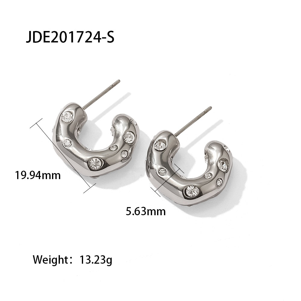 Classic Irregular Hammer Zirconium Inlaid CC-shaped Earring Stainless Steel Pvd Plated Jewelry Earrings Pendientes Mujer