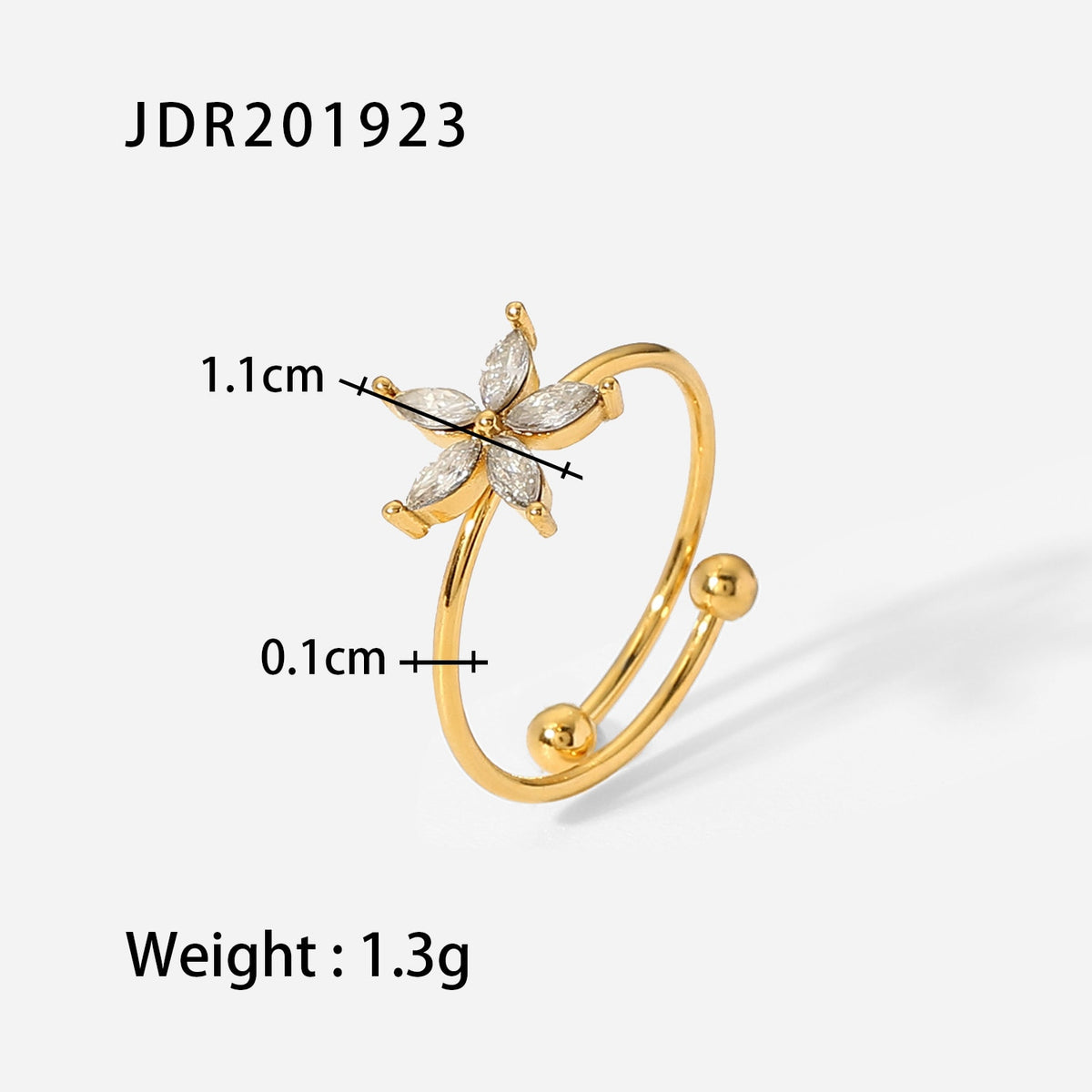 Waterproof Stainless Steel 18K Gold Plated Jewelry White Rhombus Cubic Zirconia Opening Flower Rings for Women