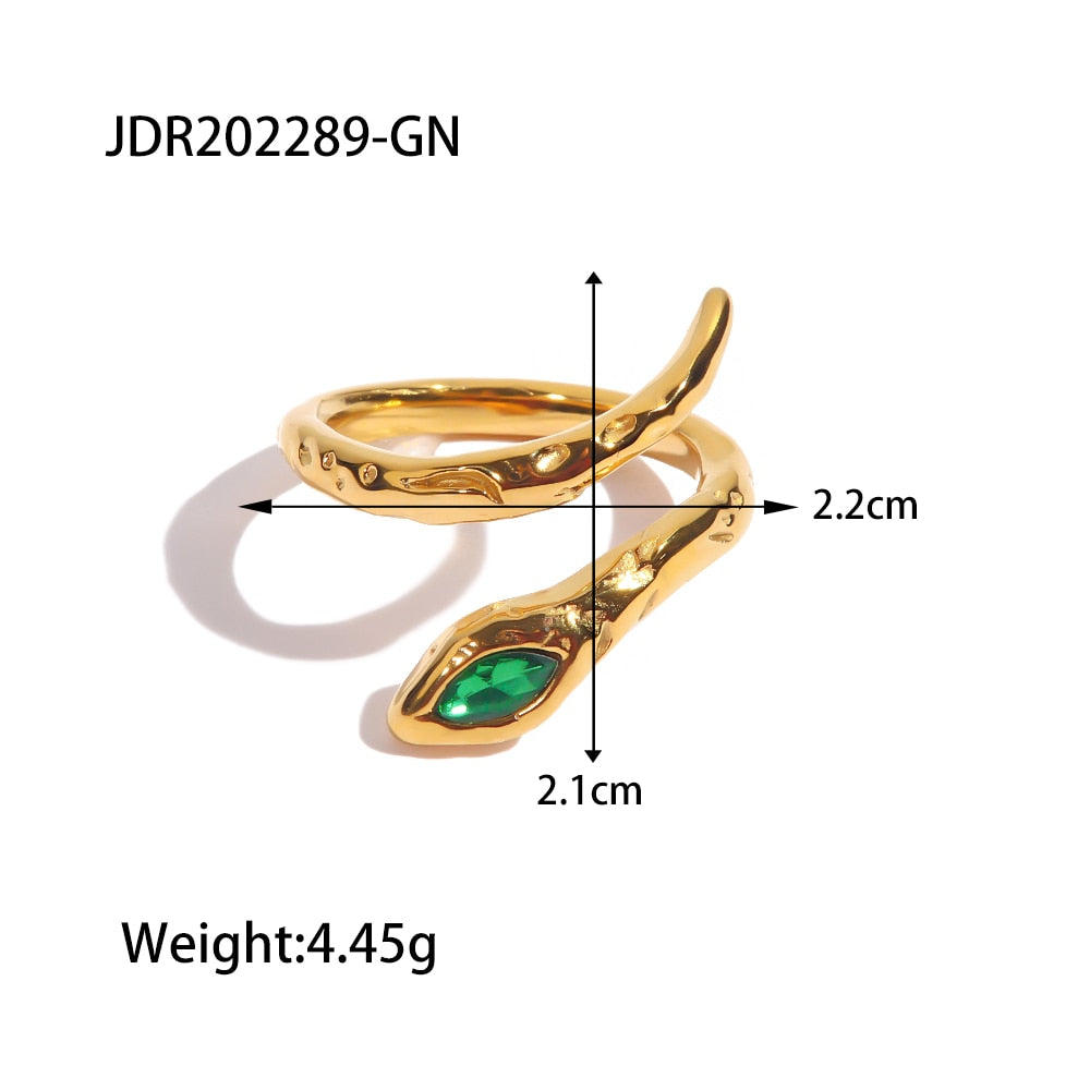 18K PVD vergoldeter Mystic Serpent Ring Grüner Quarz Edelstahl für Damen 2023 Schmuck Statement Metal Gala Ring