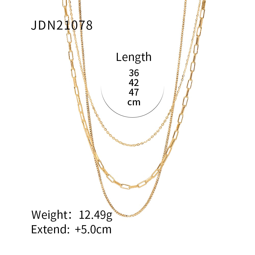 Vintage 18K Gold Plated Paperclip Box Chain Layered Necklace Stainless Steel Link Chain Triple Layer Necklace for Girls