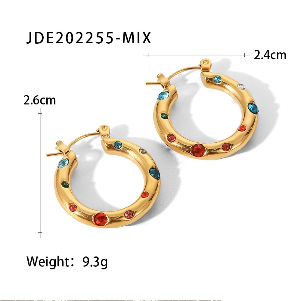 Vintage Colorful Zircon Stone Pearl Paved Chunky 25MM Medium Size Hoop Earrings bijoux femme tendance
