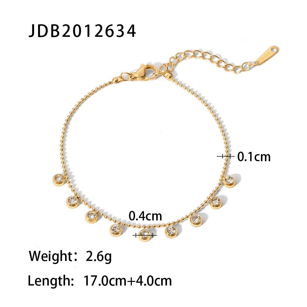 New 18K Gold Plated Clear Zircon Charms Choker Stainless Steel Bead Chain Round Zircons Necklace Bracelet bijoux femme
