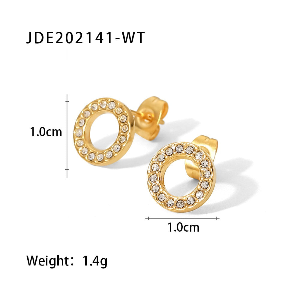 Waterproof 18K Gold Plated Stainless Steel Jewelry Gift Charm Hollow White Circle Cubic Zirconia Stud Earrings for Women