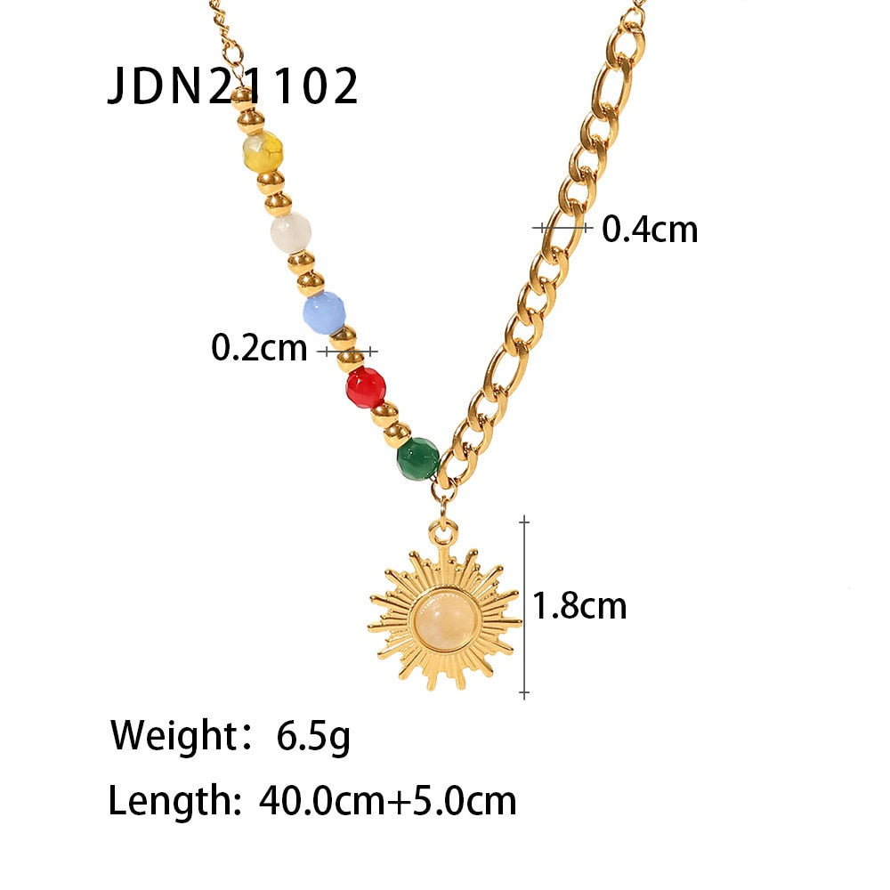 Natural Stone Opal Sun Beads Stainless Steel Chain Pendant Necklace Charm Handmade Jewelry Women