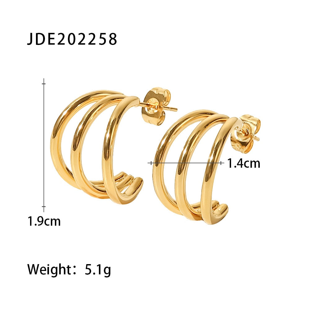 Charm Metal Layered Three-Line Hoop Earrings for Women Stainless Steel Gold Color 18 K Plated Earrings Party Gift